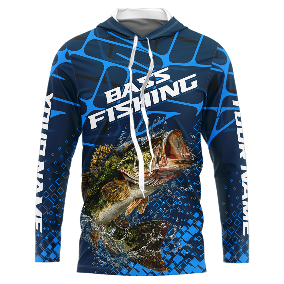 Largemouth Bass Fishing, Fishing Shirts Long Sleeve Hooded UPF, Fishing Gift | Blue NHT385