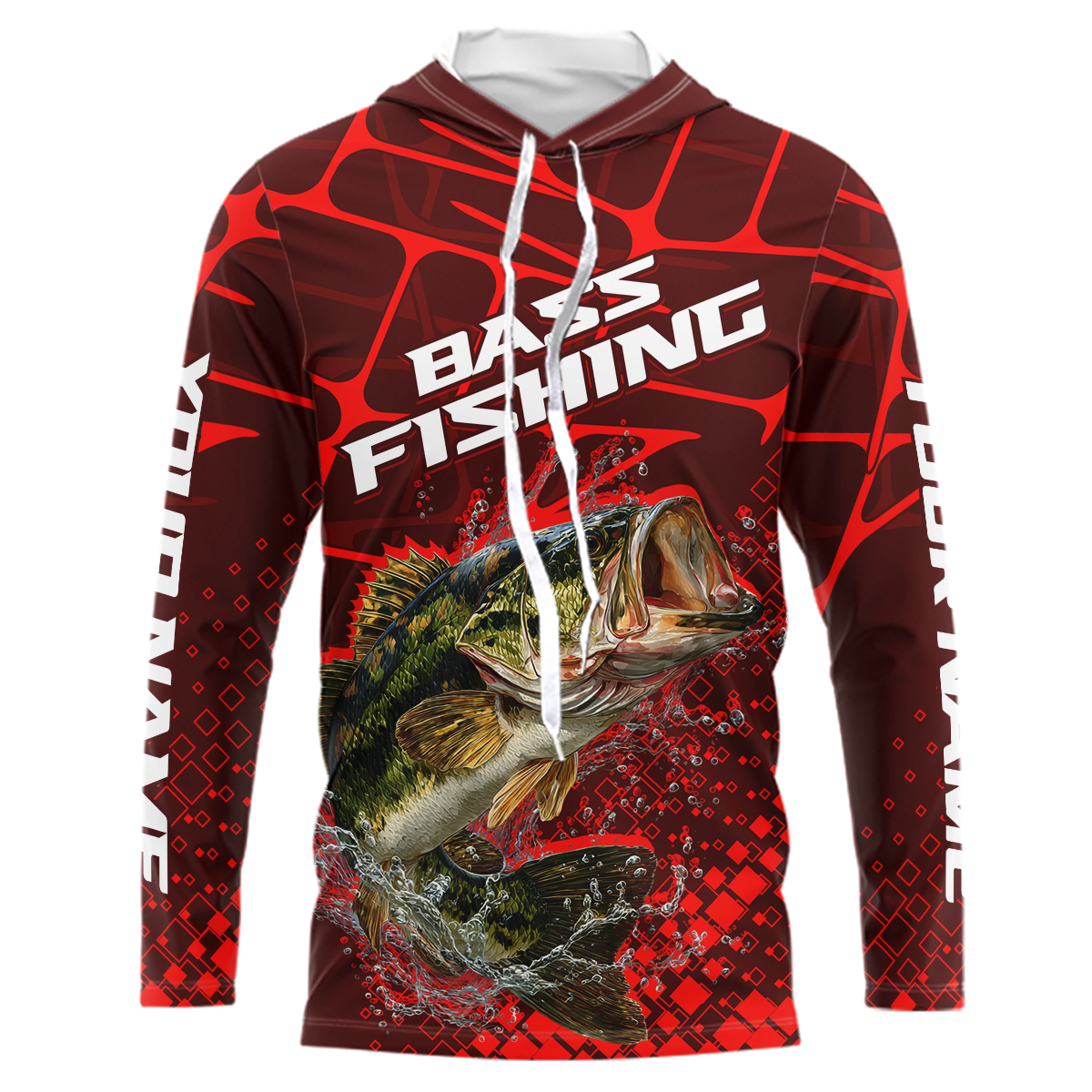 Largemouth Bass Fishing, Fishing Shirts Long Sleeve Hooded Scale, Fishing Gift |Red NHT391