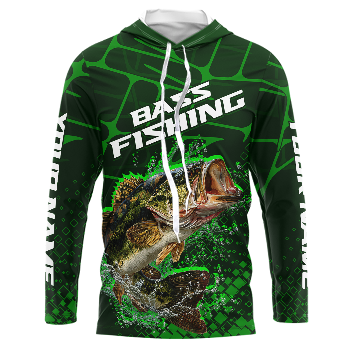 Largemouth Bass Fishing, Fishing Shirts Long Sleeve Hooded Scale, Fishing Giftt | Green NHT392