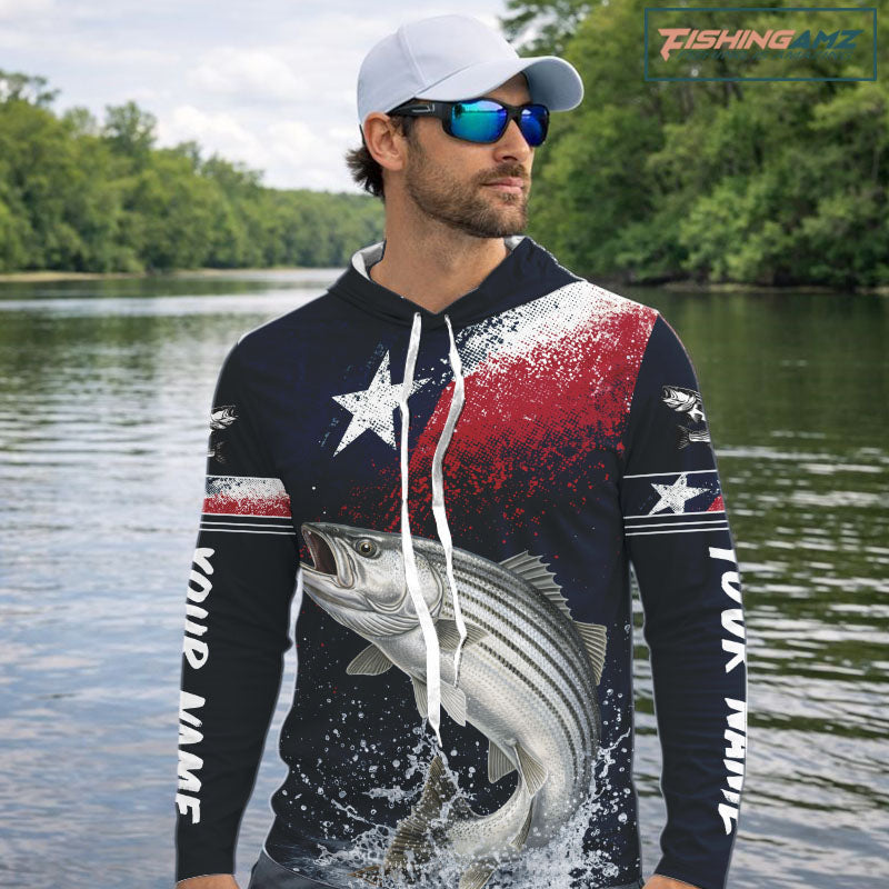 Custom Vintage Striped Bass Long Sleeve Hooded Patriotic Fishing Shirt For Men, Bass Texas Flag Fishing Shirt NHT768