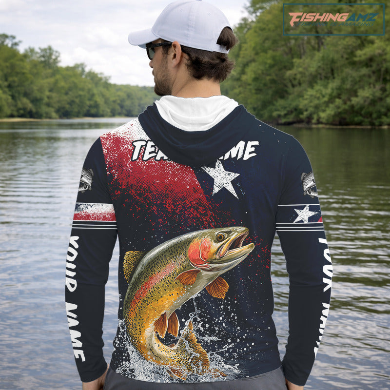 Custom Vintage Rainbow Trout Long Sleeve Hooded Patriotic Fishing Shirt For Men, Trout Texas Flag Fishing Shirt NHT766
