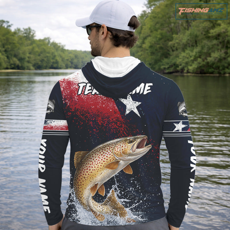 Custom Vintage Brown Trout Long Sleeve Hooded Patriotic Fishing Shirt For Men, Trout Texas Flag Fishing Shirt NHT767