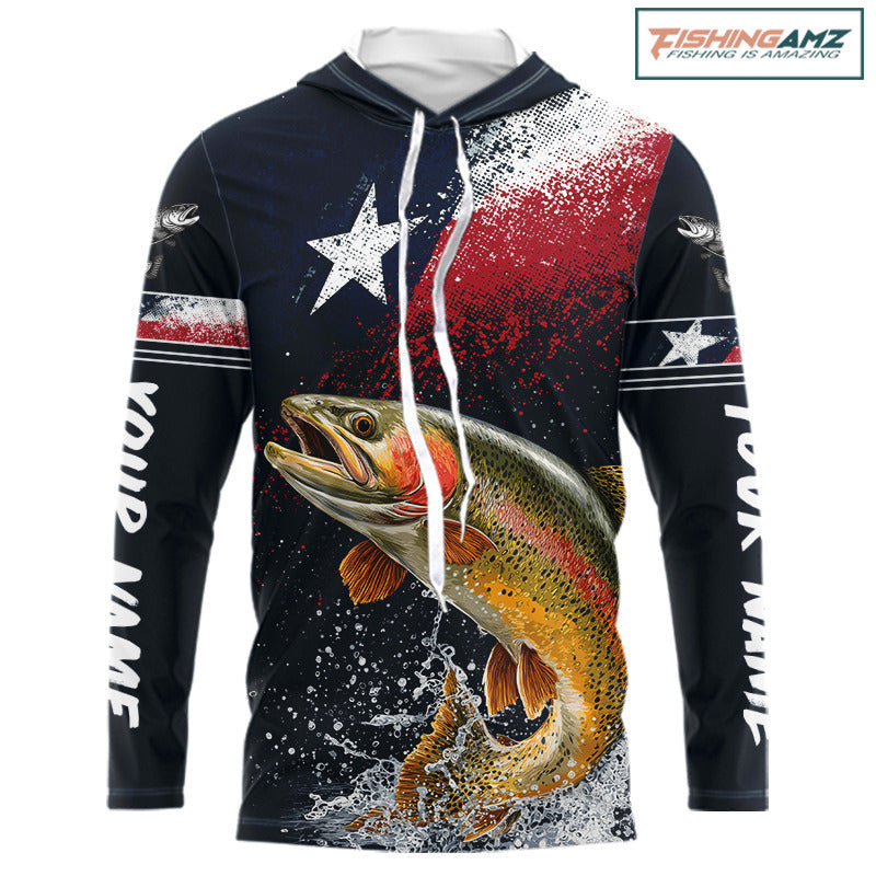 Custom Vintage Rainbow Trout Long Sleeve Hooded Patriotic Fishing Shirt For Men, Trout Texas Flag Fishing Shirt NHT766