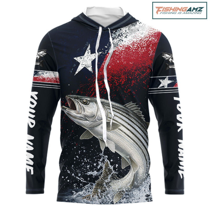 Custom Vintage Striped Bass Long Sleeve Hooded Patriotic Fishing Shirt For Men, Bass Texas Flag Fishing Shirt NHT768