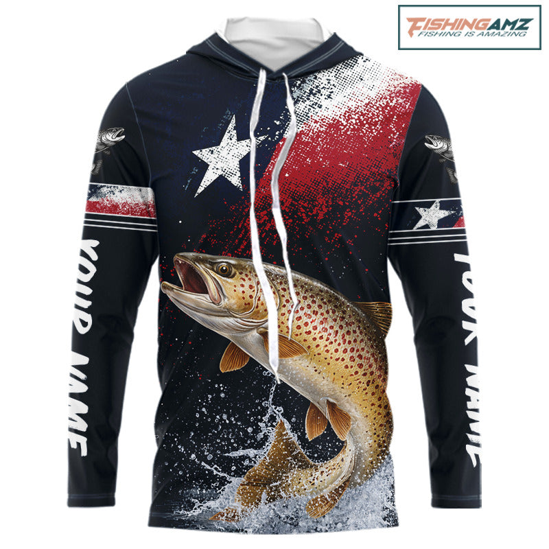 Custom Vintage Brown Trout Long Sleeve Hooded Patriotic Fishing Shirt For Men, Trout Texas Flag Fishing Shirt NHT767