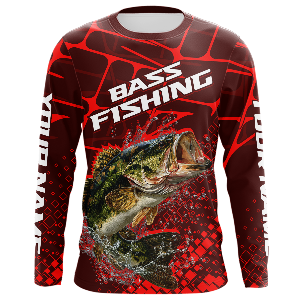 Largemouth Bass Fishing, Fishing Shirts Long Sleeve Scale, Fishing Gift |Red NHT391
