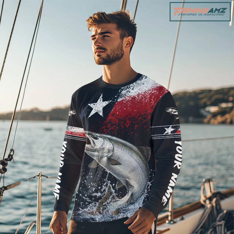 Custom Vintage Chinook Salmon Long Sleeve Patriotic Fishing Shirt For Men, Salmon Texas Flag Fishing Shirt NHT765