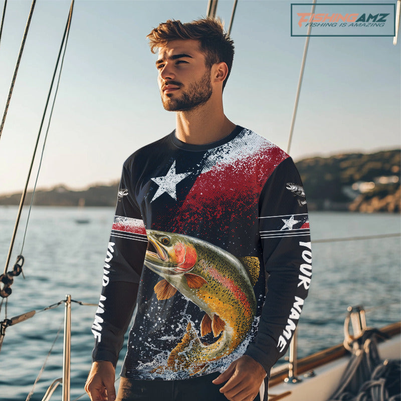 Custom Vintage Rainbow Trout Long Sleeve Patriotic Fishing Shirt For Men, Trout Texas Flag Fishing Shirt NHT766