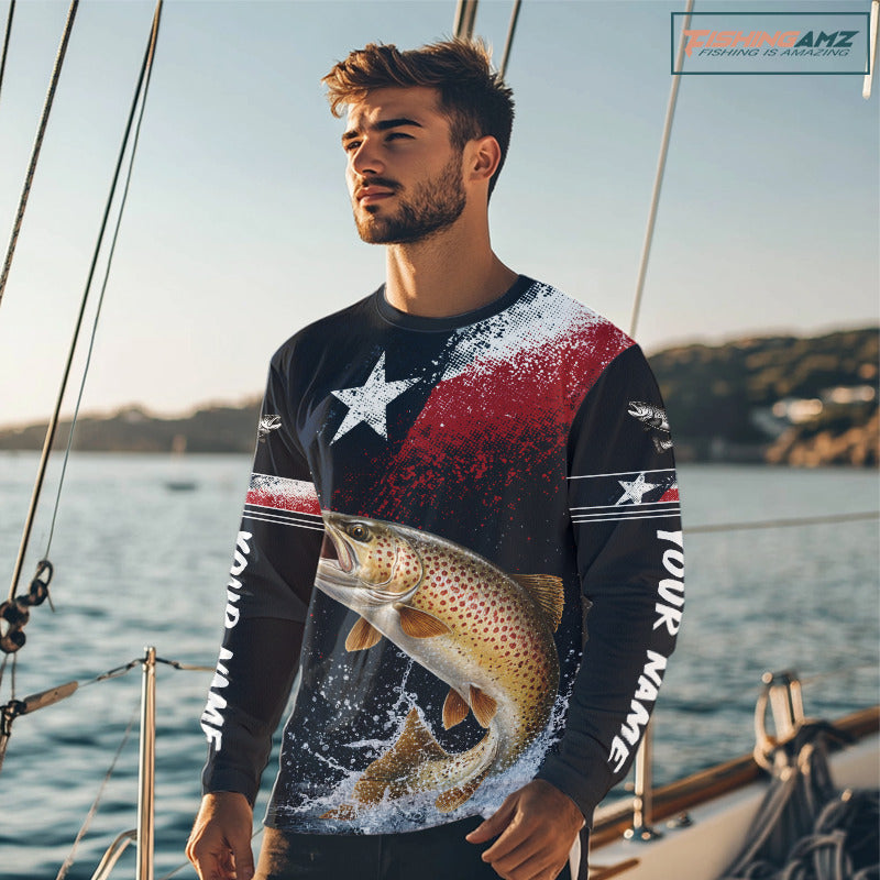 Custom Vintage Brown Trout Long Sleeve Patriotic Fishing Shirt For Men, Trout Texas Flag Fishing Shirt NHT767
