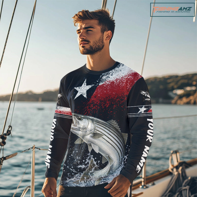 Custom Vintage Striped Bass Long Sleeve Patriotic Fishing Shirt For Men, Bass Texas Flag Fishing Shirt NHT768