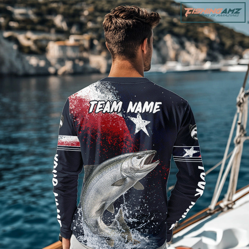 Custom Vintage Chinook Salmon Long Sleeve Patriotic Fishing Shirt For Men, Salmon Texas Flag Fishing Shirt NHT765