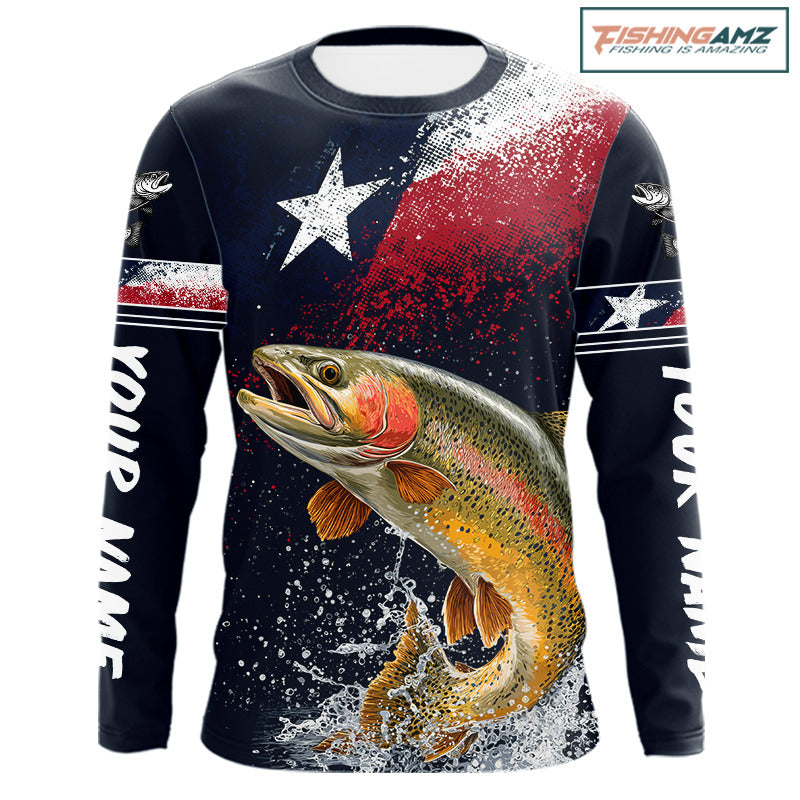 Custom Vintage Rainbow Trout Long Sleeve Patriotic Fishing Shirt For Men, Trout Texas Flag Fishing Shirt NHT766