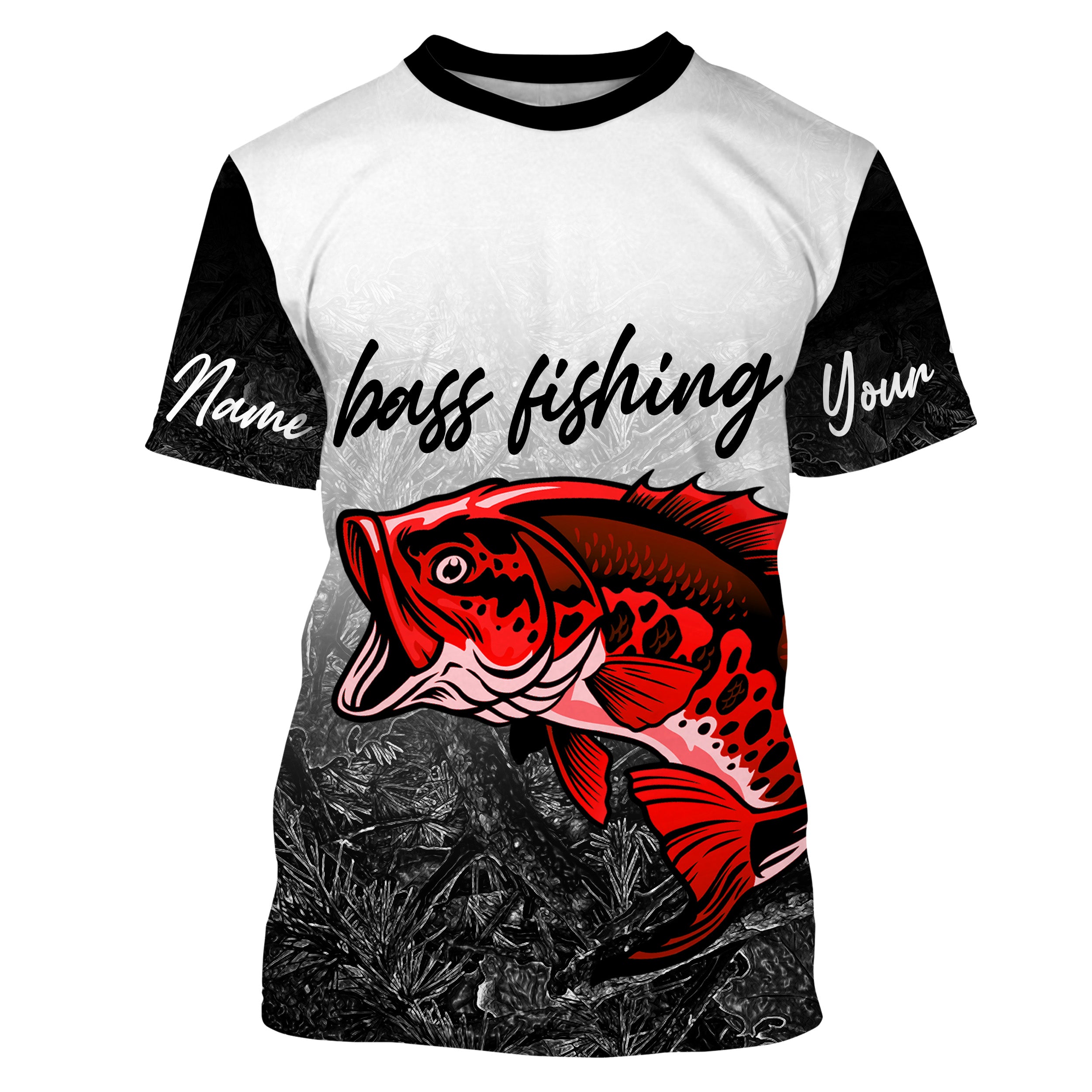 Red Bass Fishing Black Camo Custom Name 3D All Over Printed Shirts, fishing tournament shirts | Tshirt - TMTS040