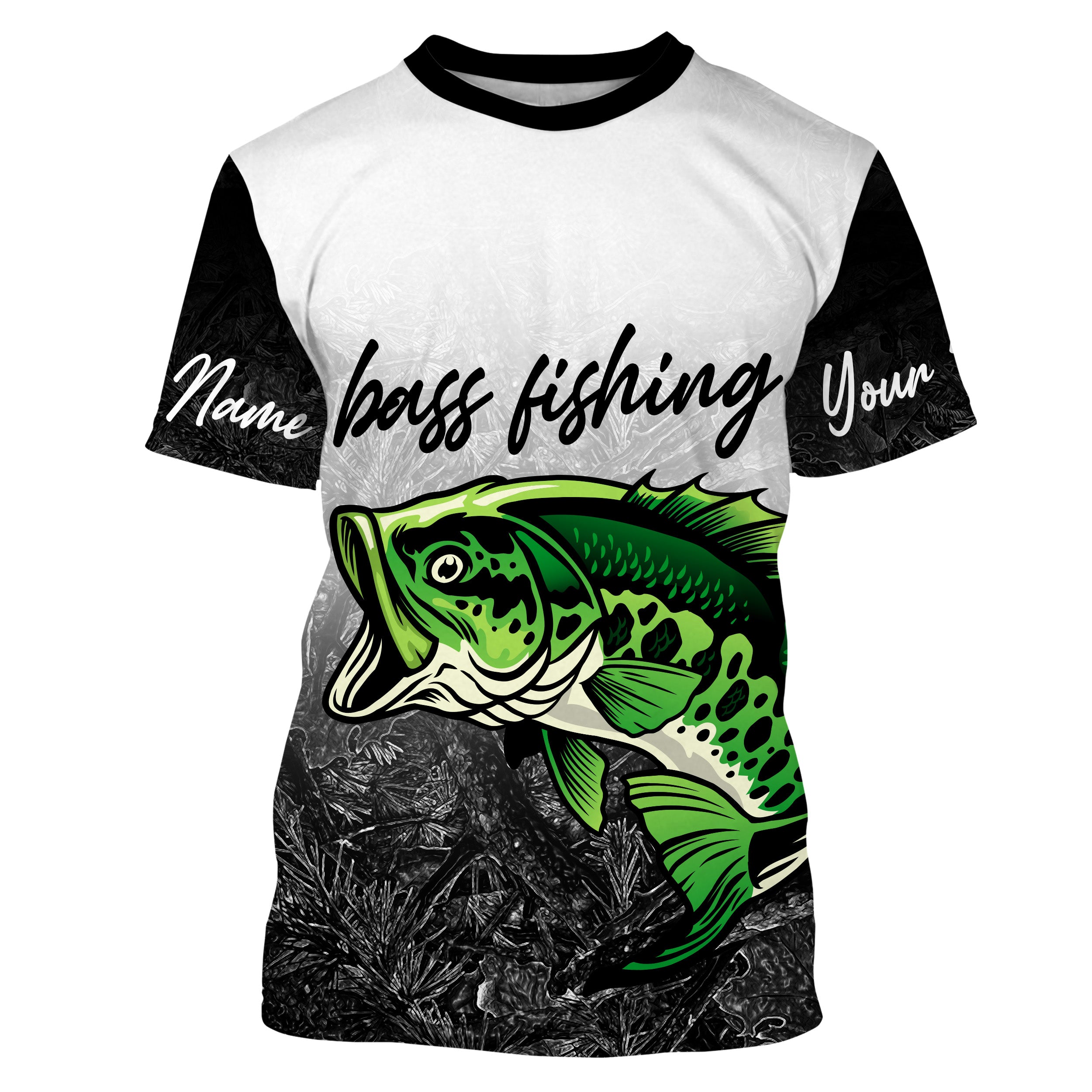Green Bass Fishing Black Camo Custom Name 3D All Over Printed Shirts, fishing tournament shirts | Tshirt - TMTS041