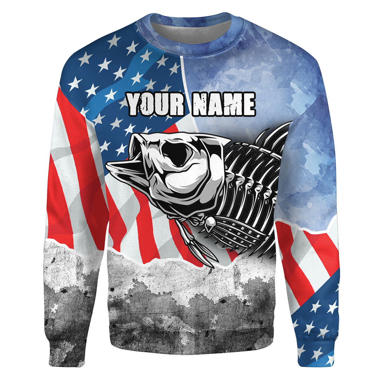 Bass Fishing Bass Skeleton American Flag Fishing Customize name All-over Print Crew Neck Sweatshirt HVFS022