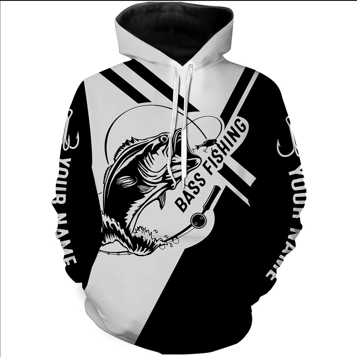 Bass fishing Fish hook Black and White Customize name 3D All Over Printed fishing hoodie HVFS049