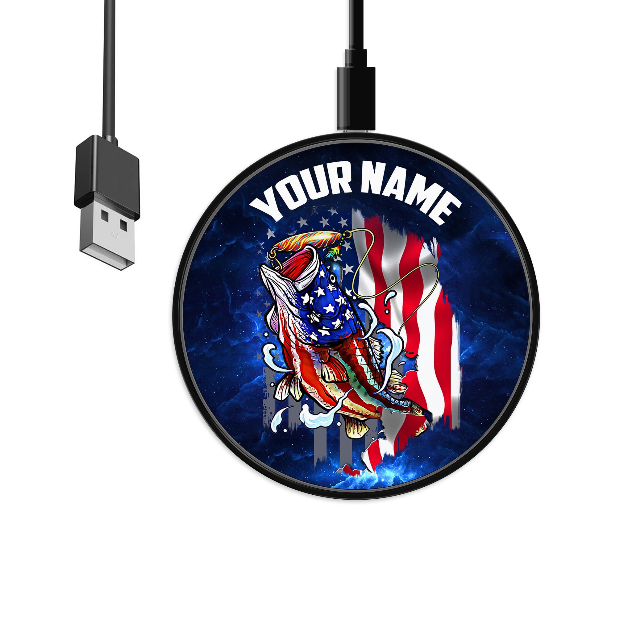Bass Fishing 3D American Flag patriotic Customize name Wireless Charger