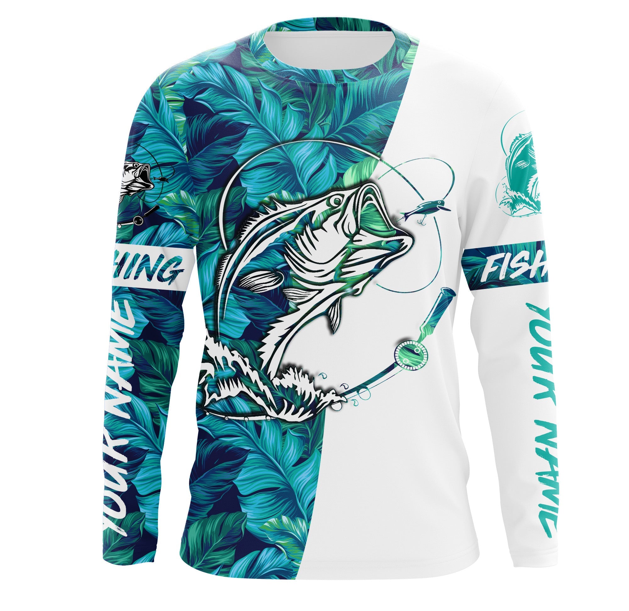 Personalized Bass Fishing Shirts Tropical leaves pattern, Bass Performance Fishing Shirts IPHW2317