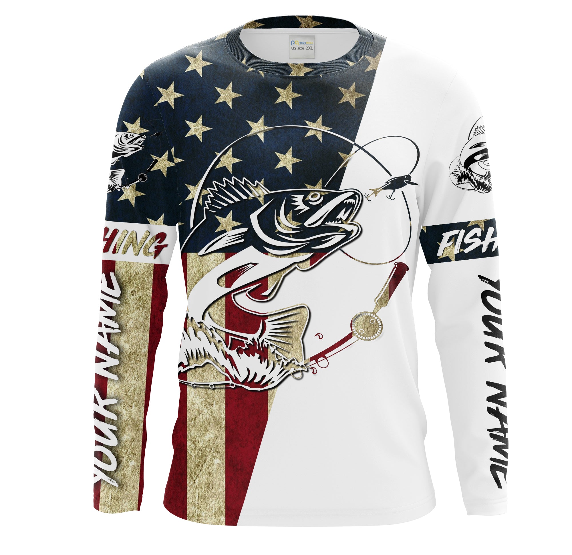 Walleye Fishing American Flag Custom Long Sleeve Fishing Shirts, Personalized Patriotic Fishing Gifts UV clothing - HPW196