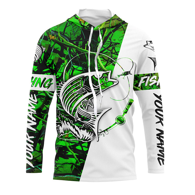 Custom Striped Bass Long Sleeve Fishing Shirts, Striper Bass Shirt Fishing Jerseys | Green Camo IPHW3953