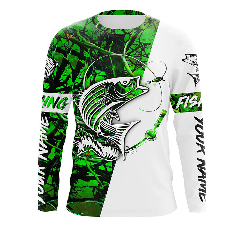 Custom Striped Bass Long Sleeve Fishing Shirts, Striper Bass Shirt Fishing Jerseys | Green Camo IPHW3953