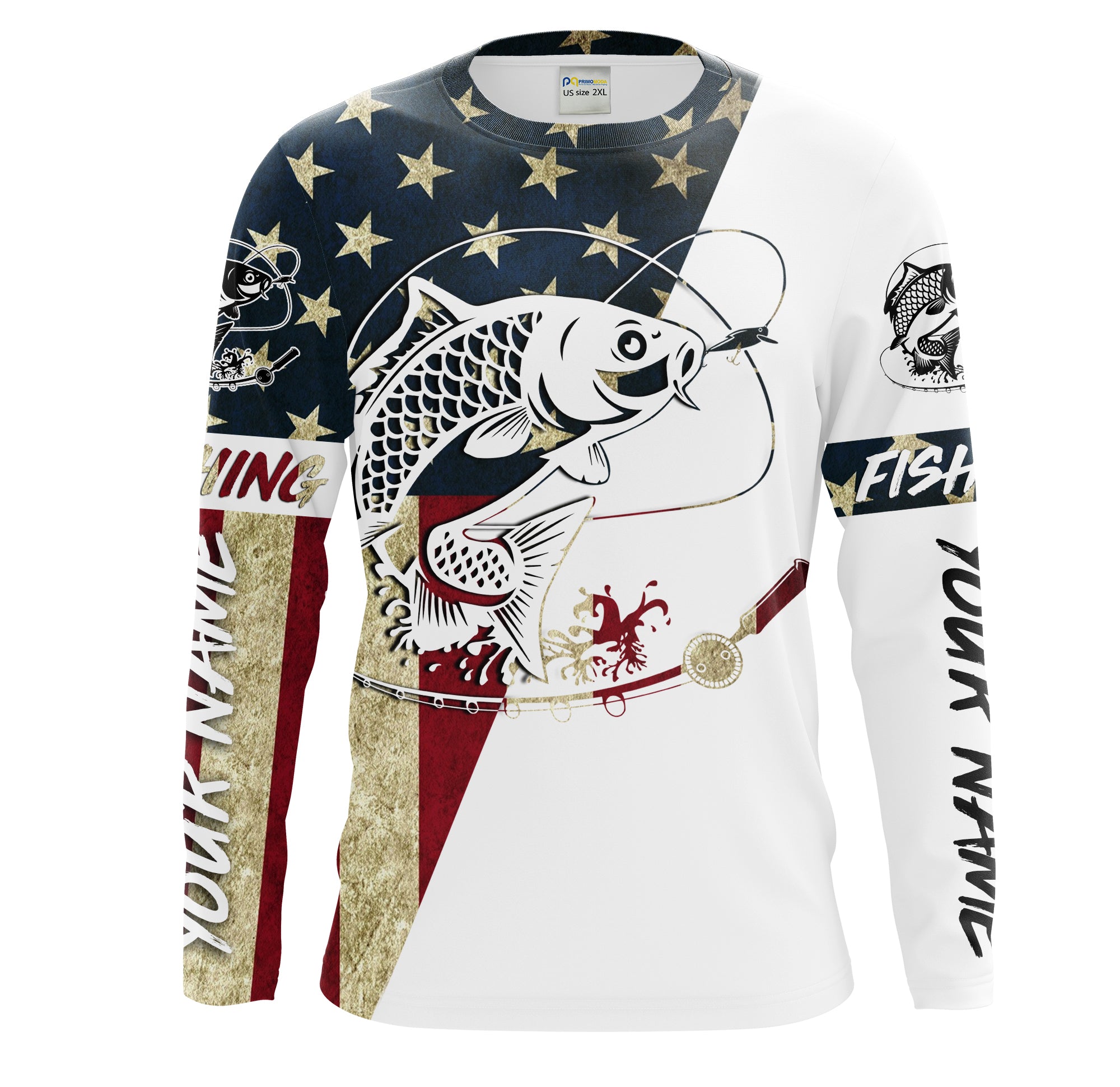 Personalized Carp Fishing American Flag Long Sleeve Fishing Shirts, Patriotic Fishing gifts - HPW118