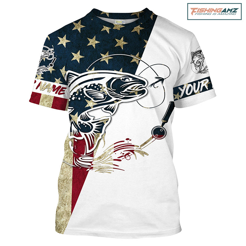 Trout Fish American Flag Custom UV Fishing T Shirts, Trout Fishing jerseys IPHW1594
