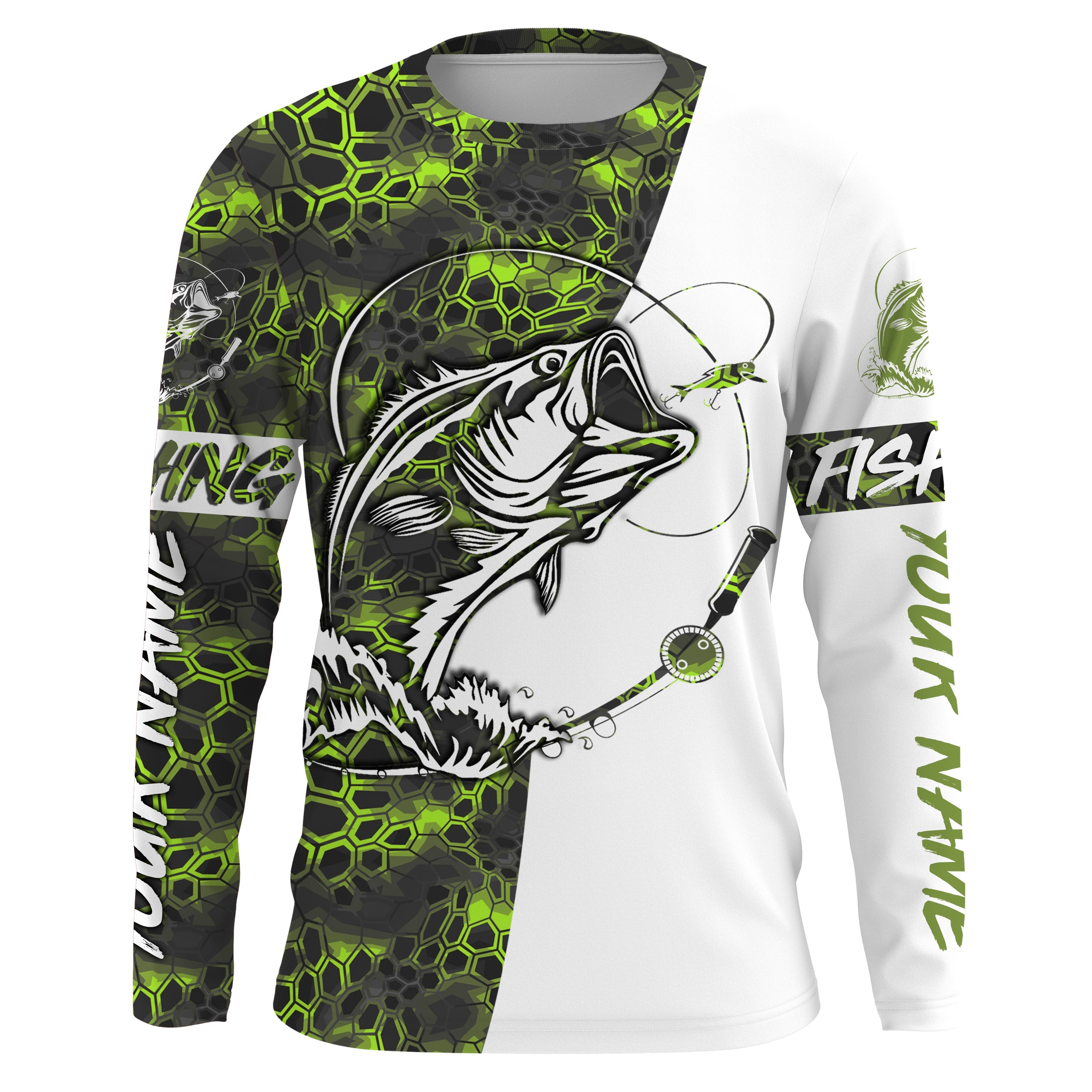 Custom Bass Fishing Long Sleeve performance Fishing Shirts, Fishing gifts for men | green camo IPHW2107