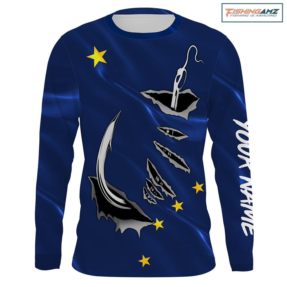 Alaska Flag Fishing 3D Fish Hook Personalized Men UV long sleeve performance fishing shirts - HPW46