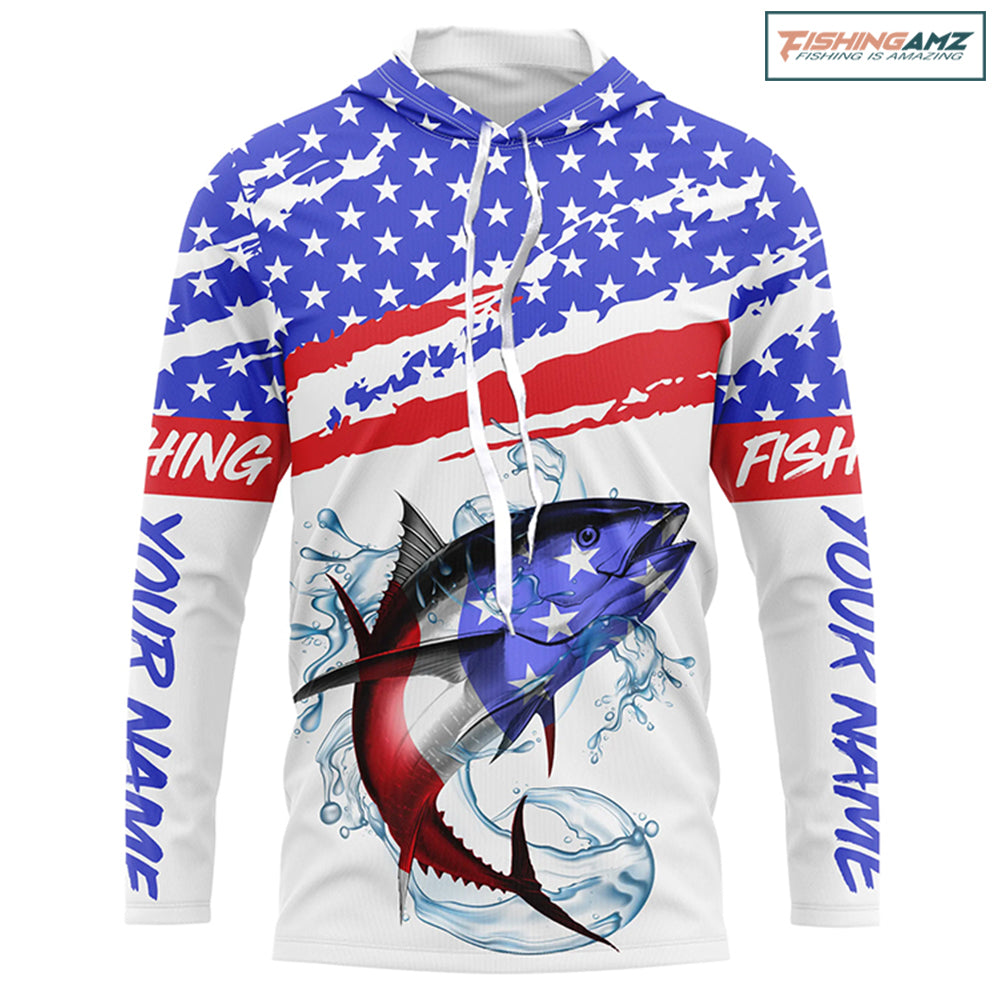 Personalized Tuna American Flag Uv Protection Fishing Shirts, Tuna Saltwater Fishing Shirt IPHW3755