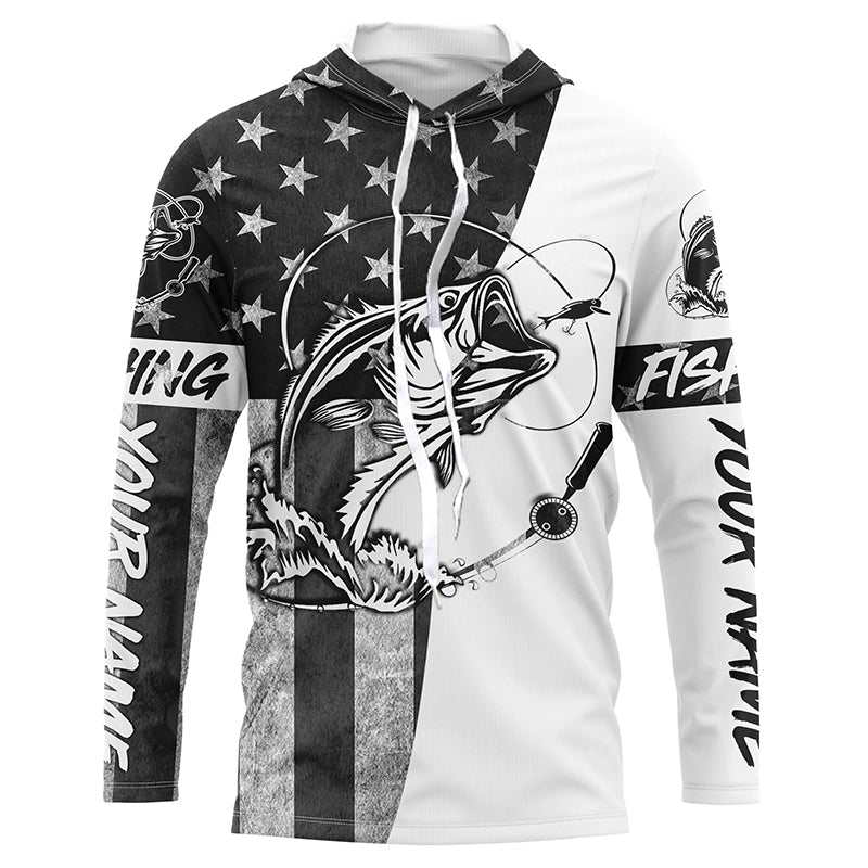 Black And White American Flag Bass Fishing Shirts, Personalized Patriotic Bass Fishing Jerseys IPHW4130