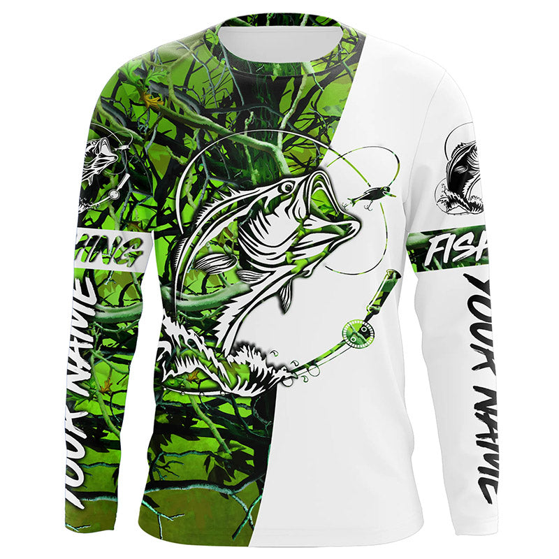 Largemouth Bass Custom Long sleeve performance Fishing Shirts, Bass Fishing jerseys | green camo IPHW3573
