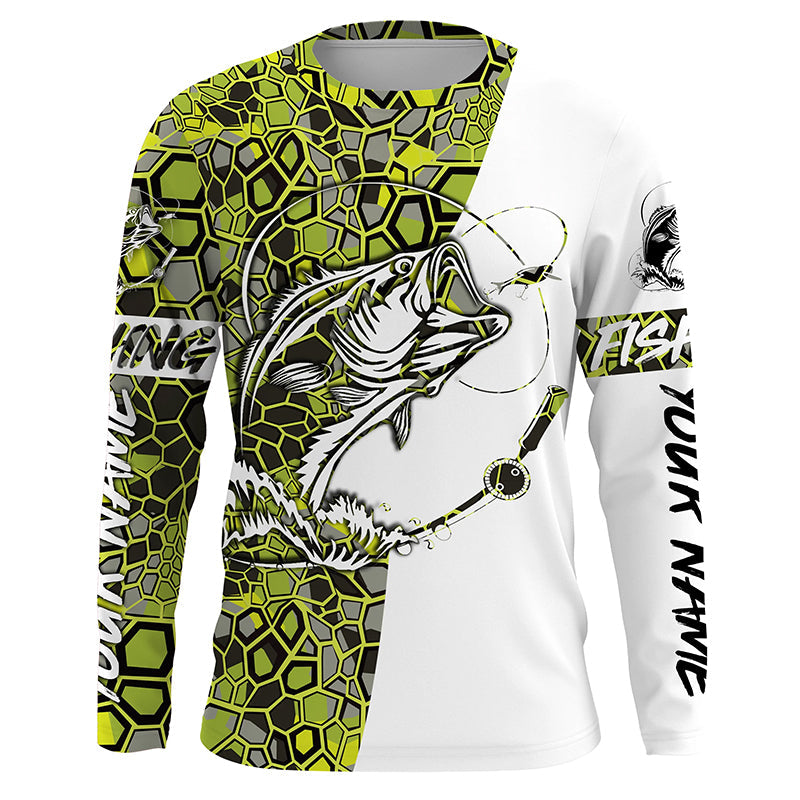 Largemouth Bass Fishing Custom Long Sleeve Shirts, Bass Tournament Fishing Jerseys | Green Camo IPHW3857