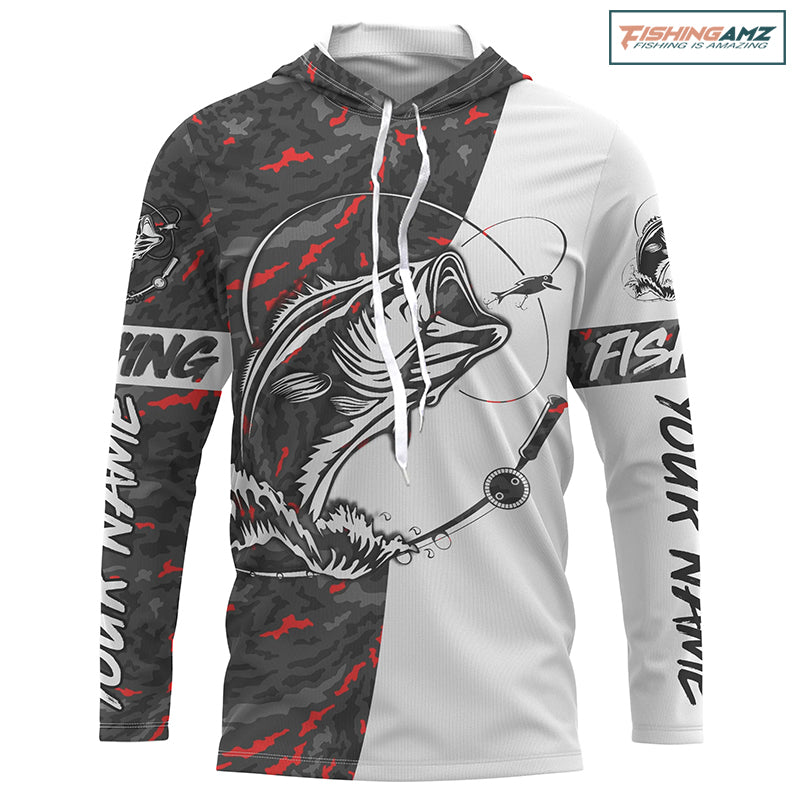 Personalized Bass Fishing Jerseys, Largemouth Bass Tournament Fishing Shirts | Red And Black Camo IPHW3992