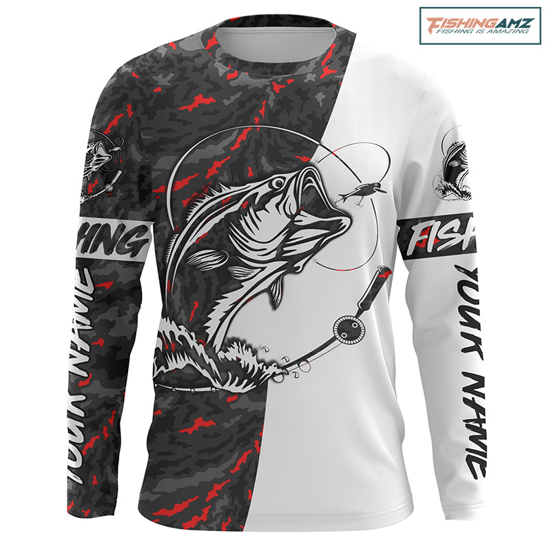 Personalized Bass Fishing Jerseys, Largemouth Bass Tournament Fishing Shirts | Red And Black Camo IPHW3992