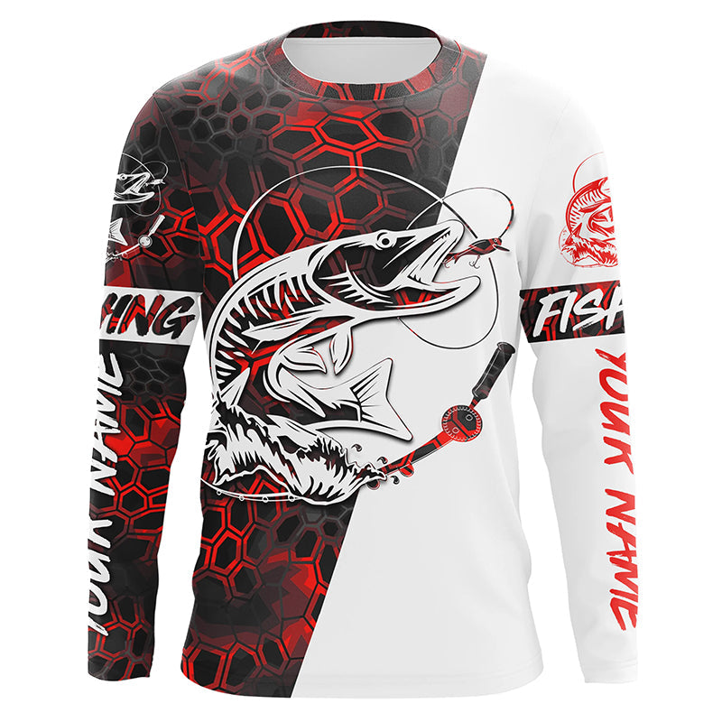 Musky Fishing Custom Long Sleeve Performance Fishing Shirts, Muskie Fishing Jerseys | Red Camo IPHW4912