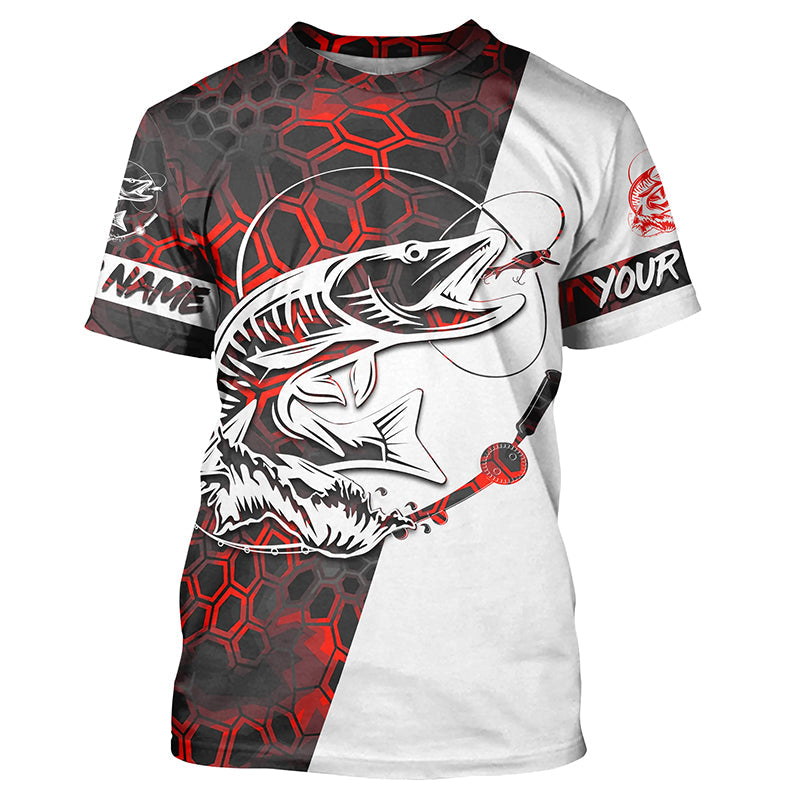 Musky Fishing Custom Long Sleeve Performance Fishing Shirts, Muskie Fishing Jerseys | Red Camo IPHW4912