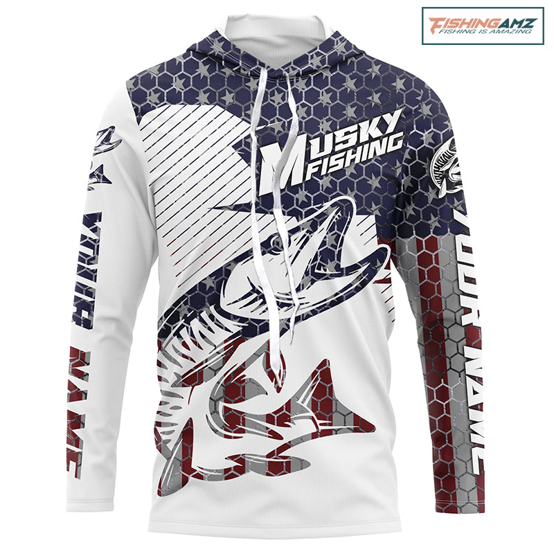 Musky American Flag Custom Fishing Shirts, Patriotic Muskie Fishing Jerseys IPHW4741