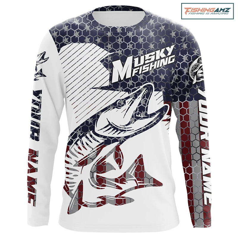 Musky American Flag Custom Fishing Shirts, Patriotic Muskie Fishing Jerseys IPHW4741
