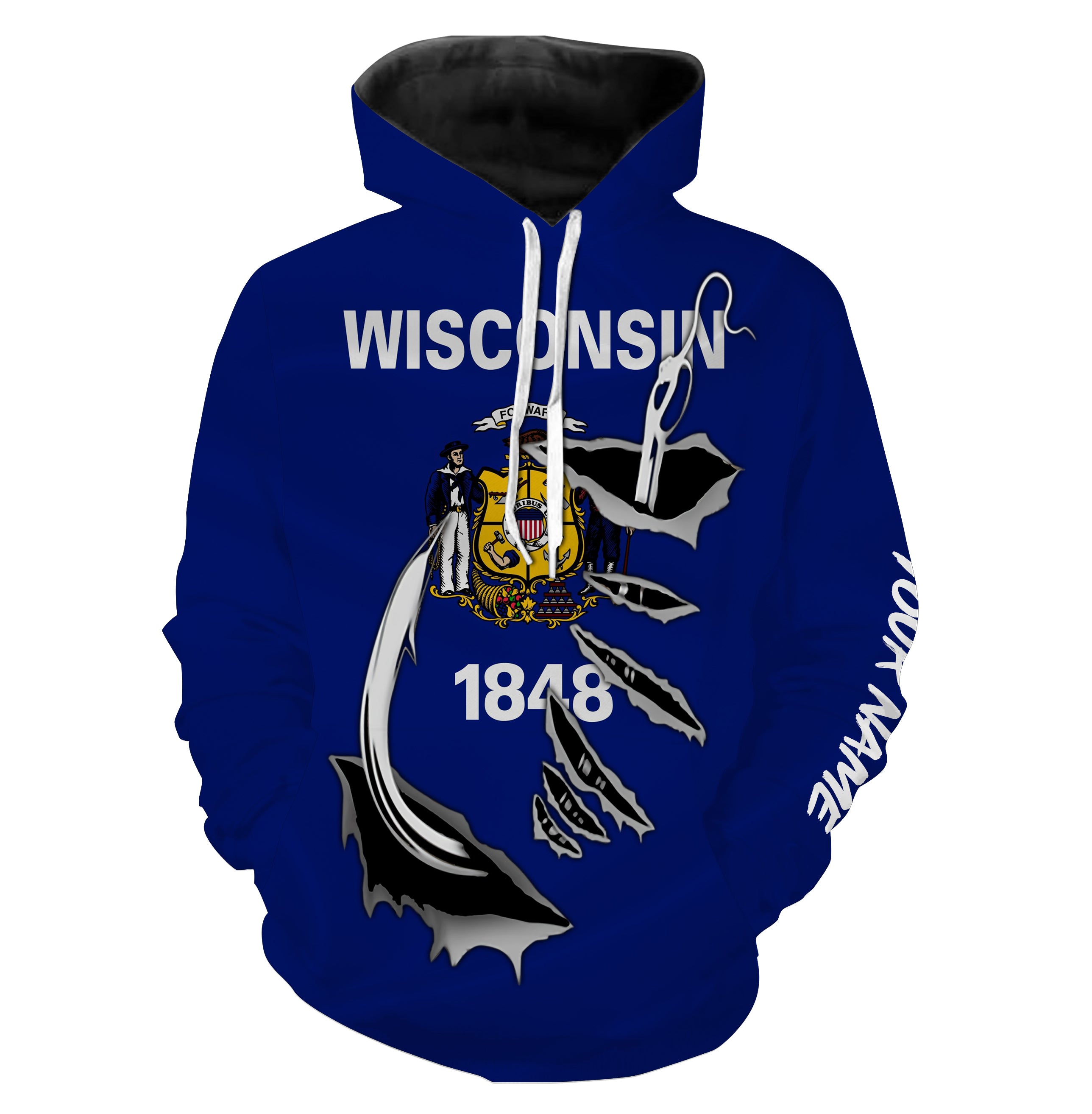 WI Wisconsin Flag Fishing Fish Hook Custom All over print Hoodie Fishing Shirts personalized Patriotic fishing gifts - HPW324