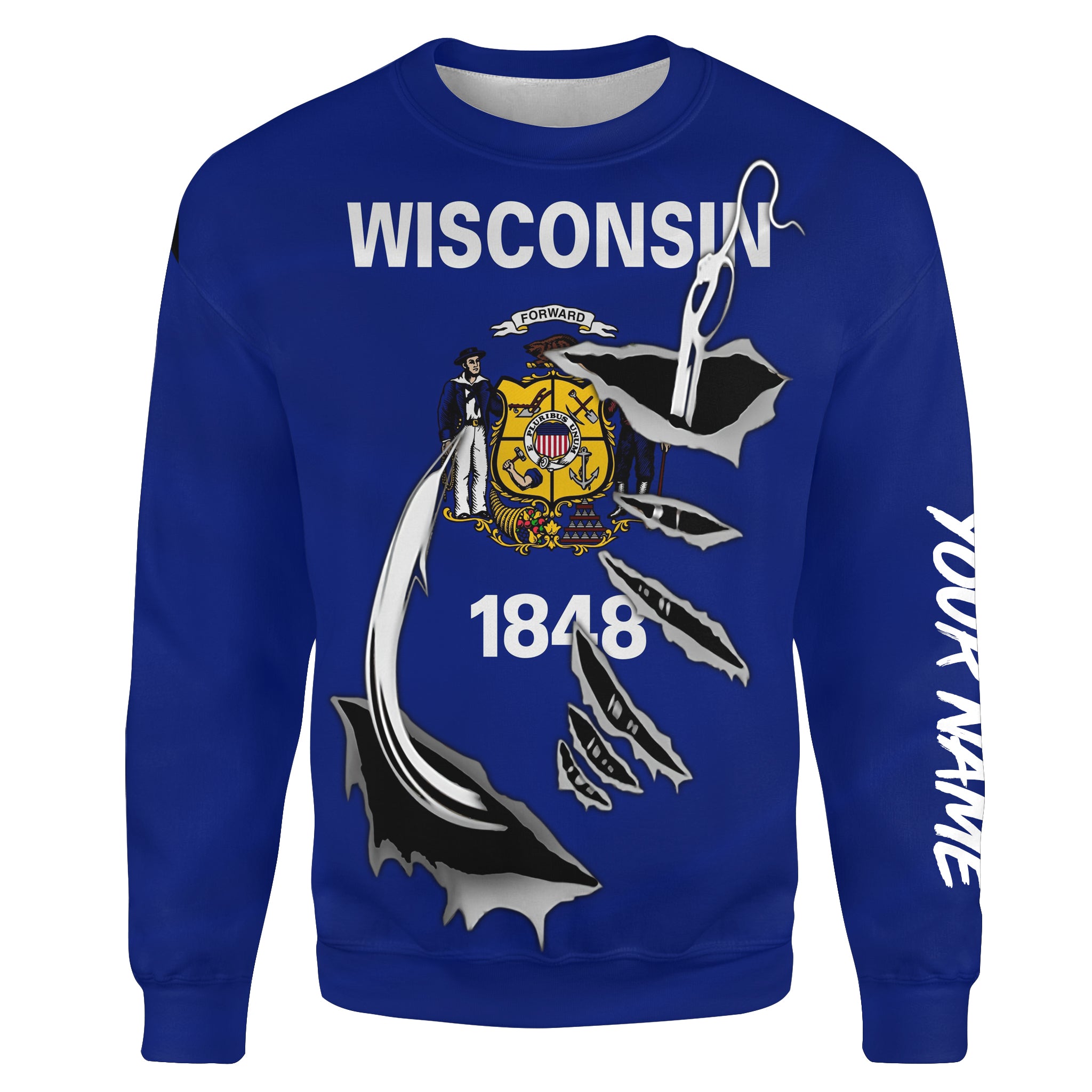 WI Wisconsin Flag Fishing Fish Hook Custom All over print Sweatshirt personalized Patriotic fishing gifts - HPW324