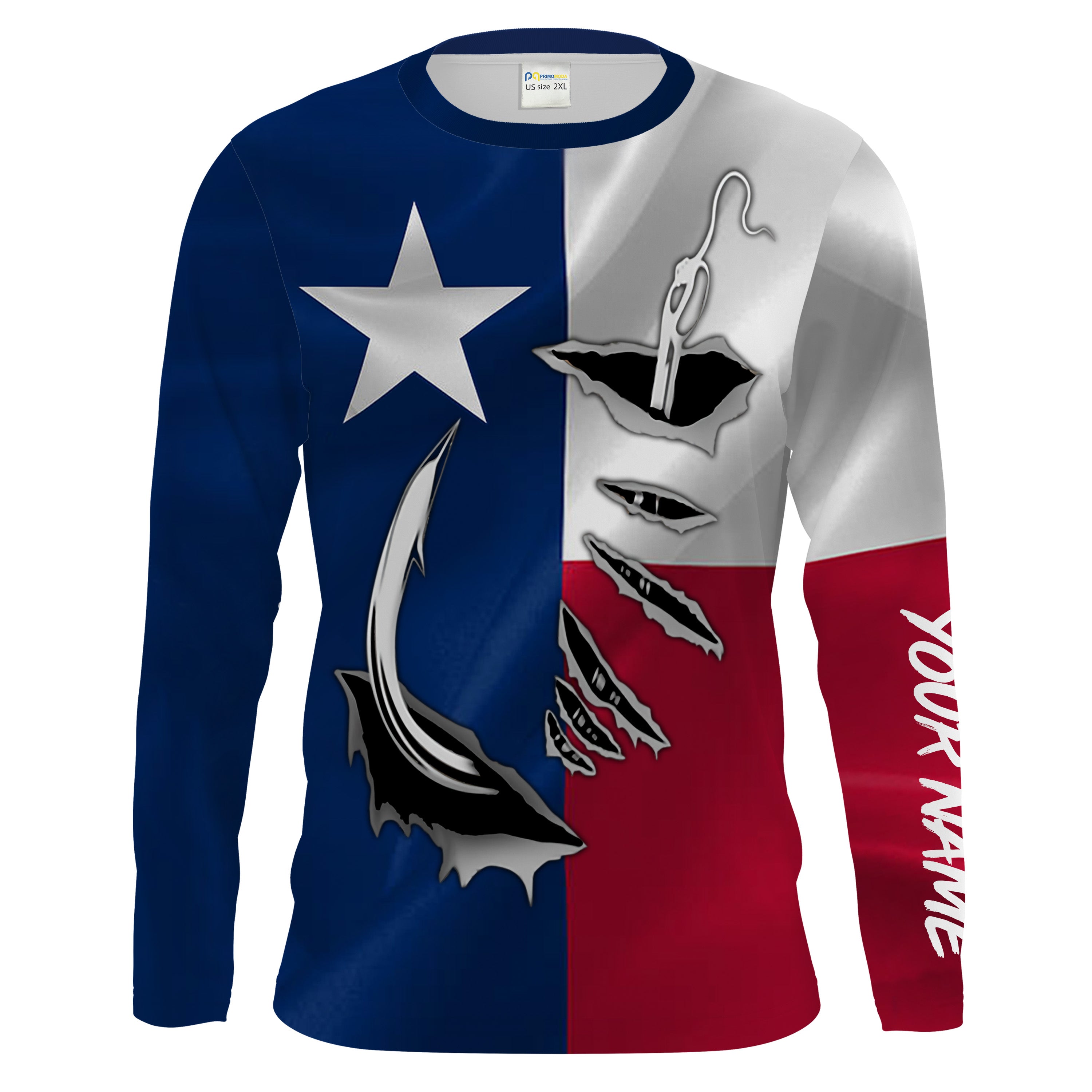 Custom Texas Flag Texas Fishing 3D Fish Hook UV Protection Men Long Sleeve personalized Fishing Shirts - HPW34