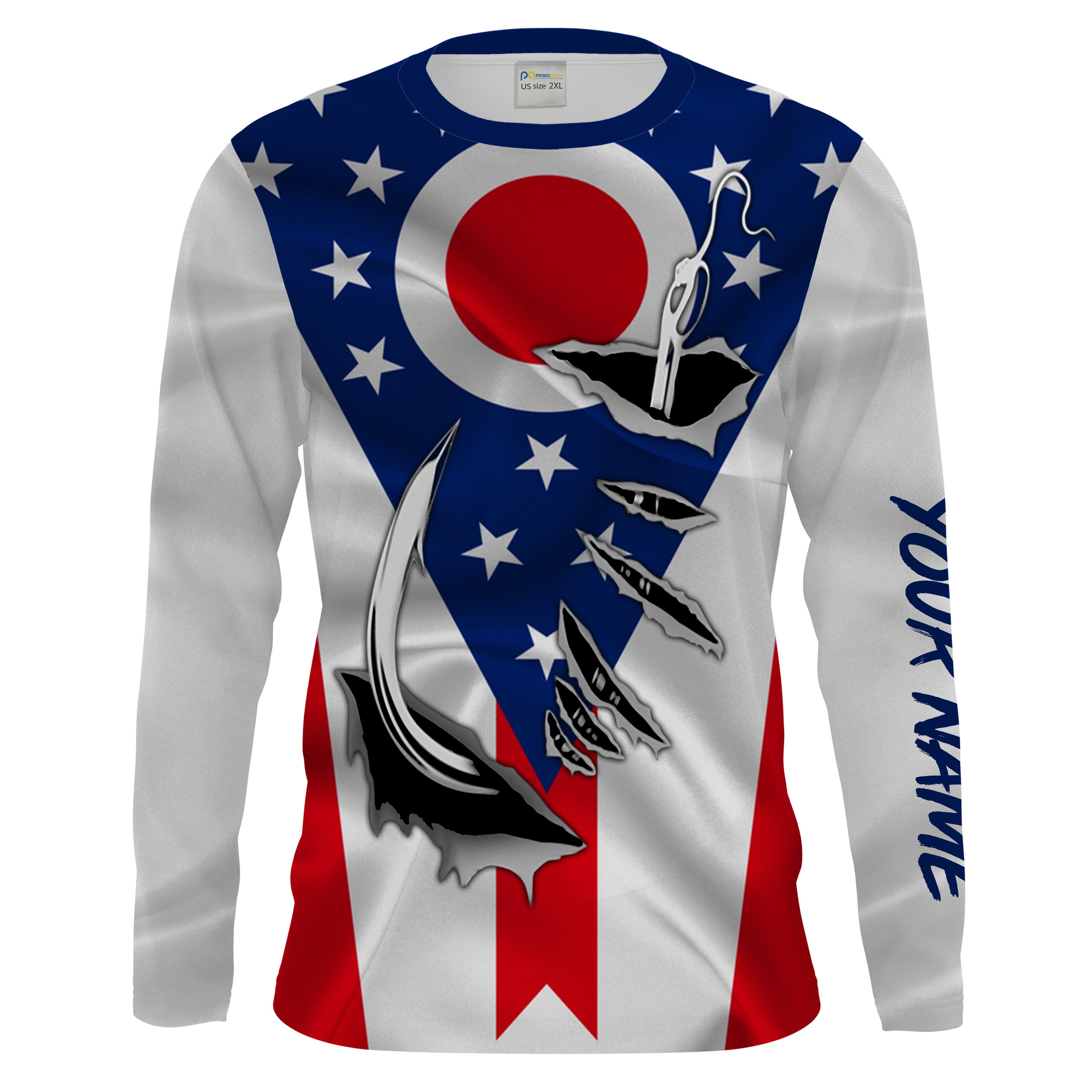 OH Fishing 3D Fish Hook Ohio Flag UV protection Custom Men Long Sleeve performance Fishing Shirts - HPW43