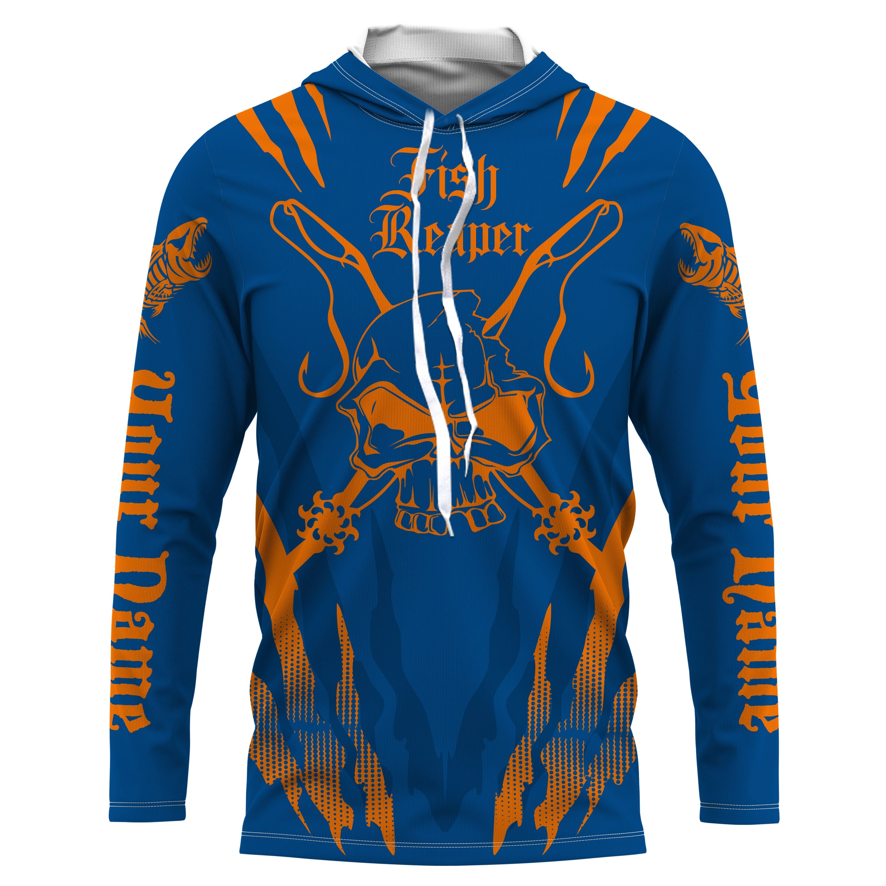 Fish reaper Custom Long Sleeve performance Fishing Shirts, Skull Fishing jerseys | blue and orange IPHW3099