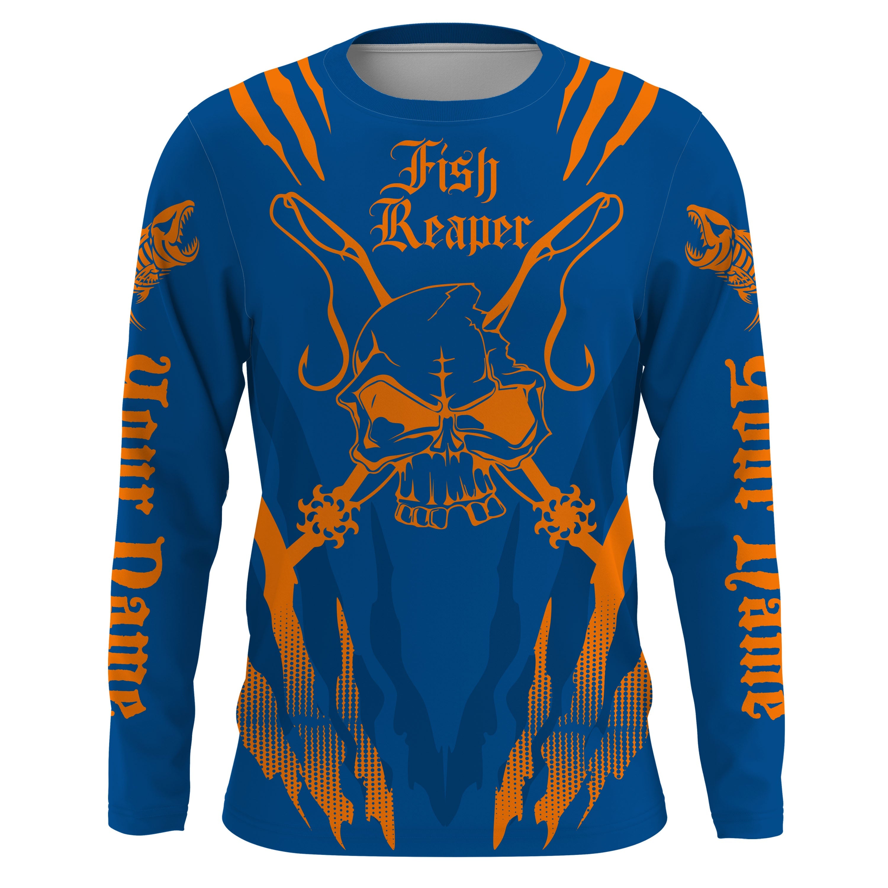 Fish reaper Custom Long Sleeve performance Fishing Shirts, Skull Fishing jerseys | blue and orange IPHW3099