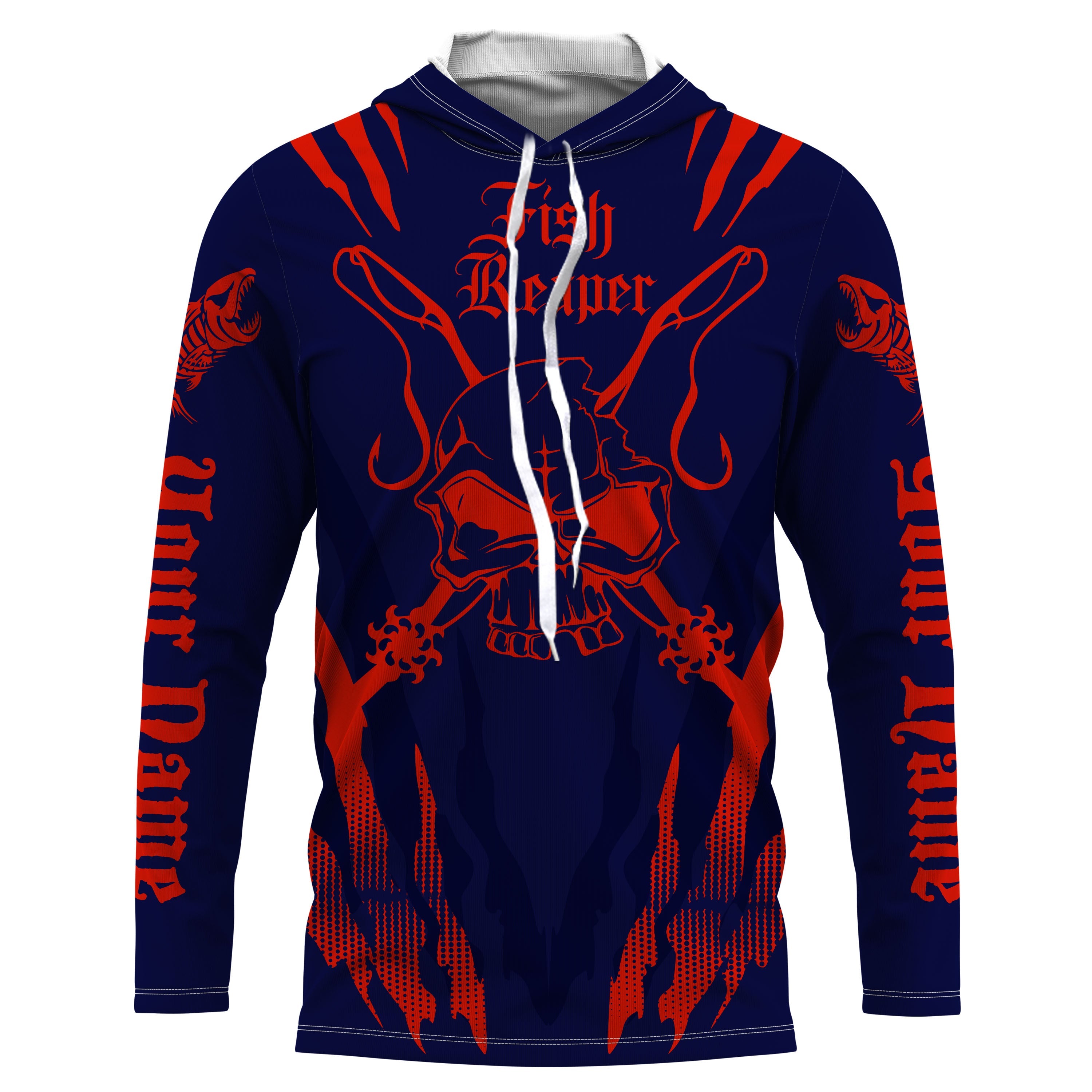 Fish reaper Custom Long Sleeve performance Fishing Shirts, Skull Fishing jerseys | navy and red IPHW3102