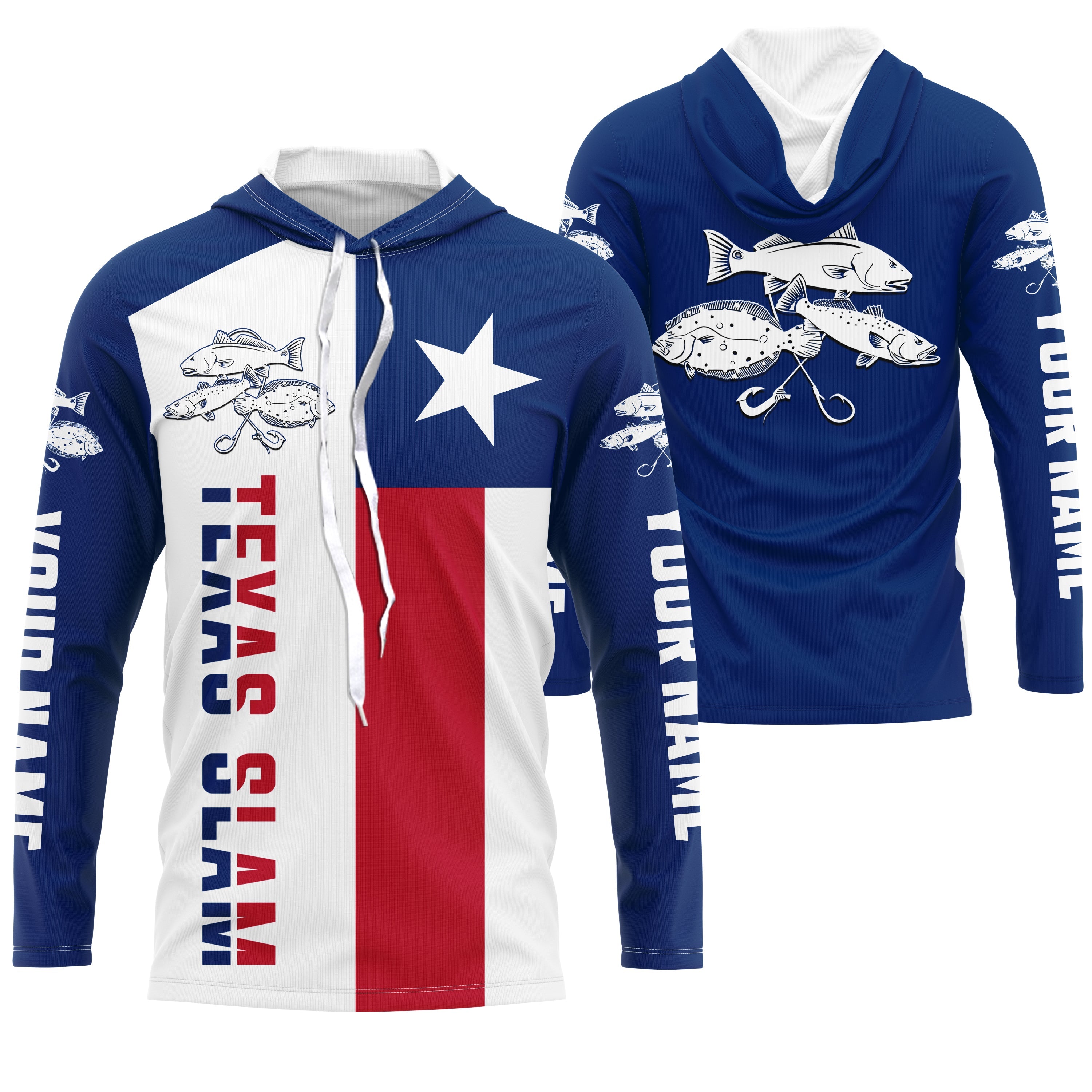 Personalized Texas Flag Fishing Shirts, Redfish Trout Flounder Texas Slam Fishing apparel IPHW2007