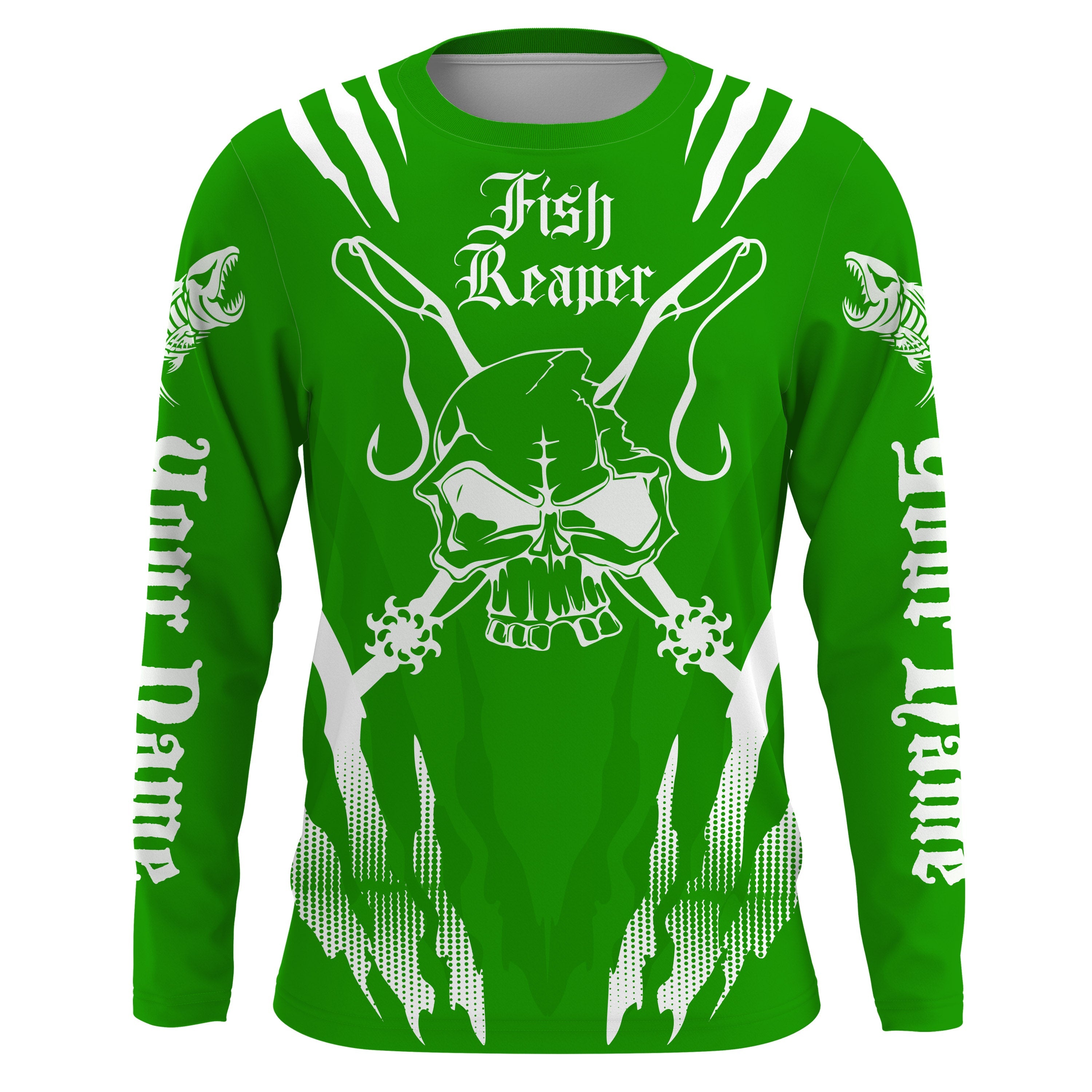 Fish reaper Custom Long Sleeve performance Fishing Shirts, Skull Fishing jerseys| green IPHW3003