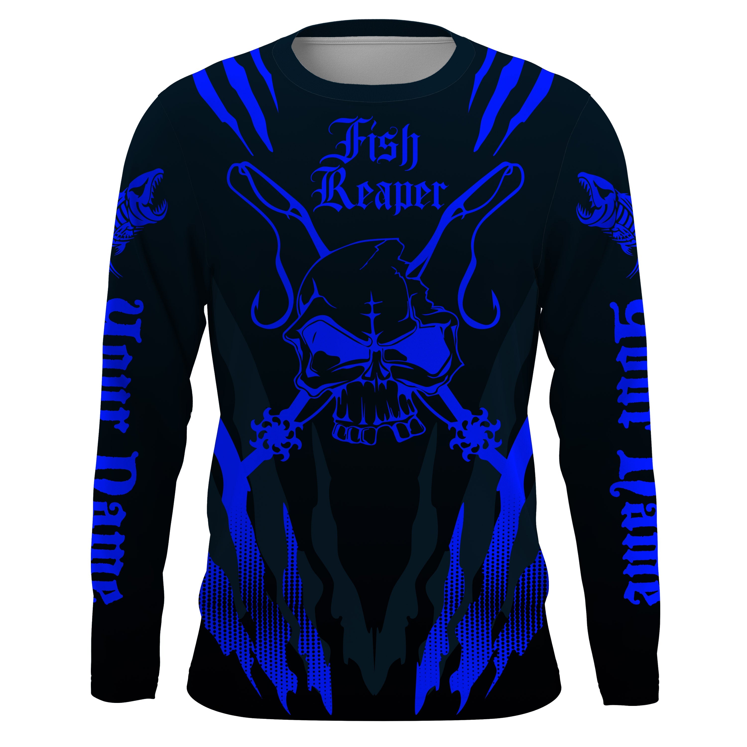 Fish reaper Custom Long Sleeve performance Fishing Shirts, Skull Fishing jerseys |black and blue IPHW3015