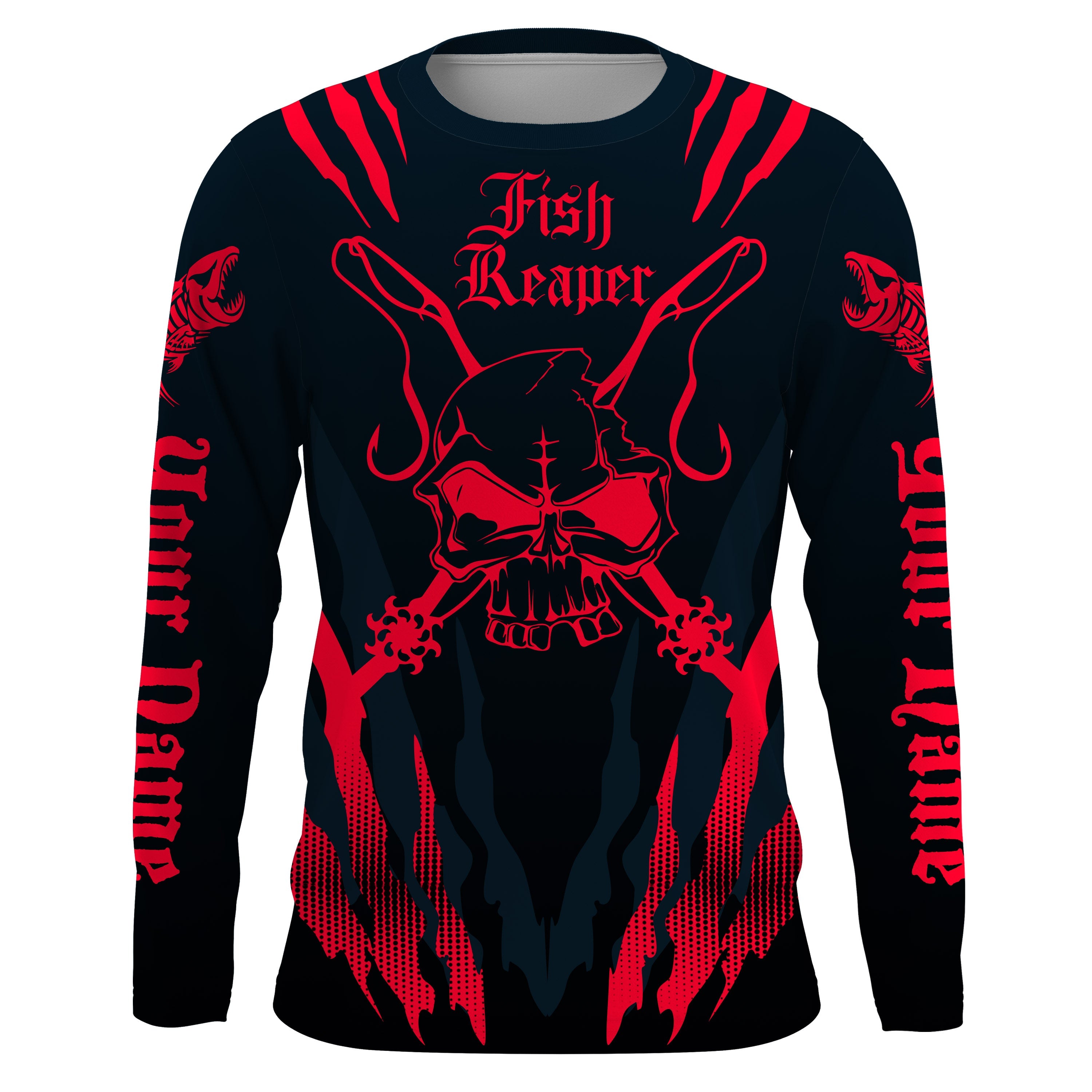 Fish reaper Custom Long Sleeve performance Fishing Shirts, Skull Fishing jerseys |black and red IPHW3016